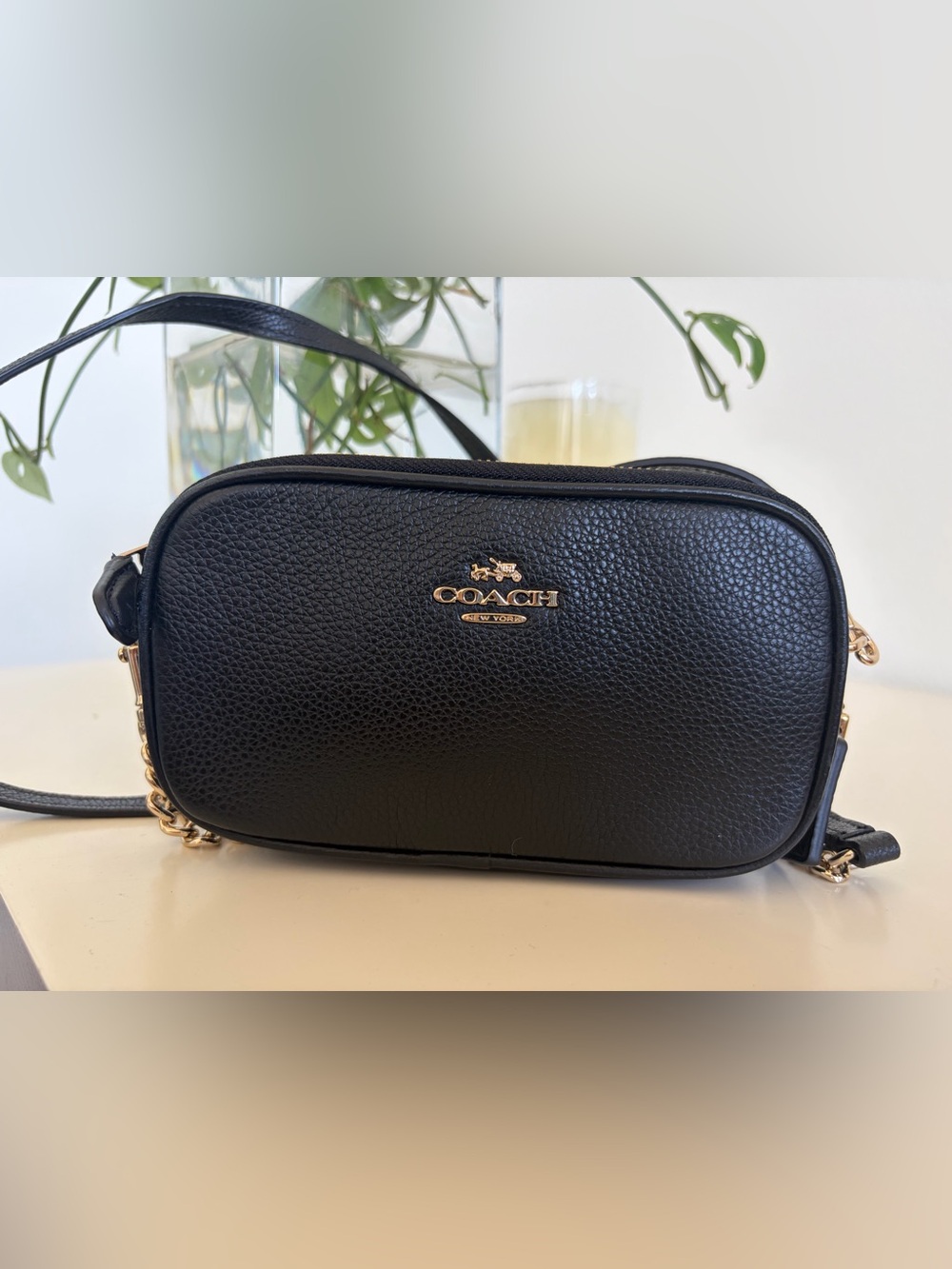 Coach Black Pebbled Leather Camera bag with Gold Hardware + one of a kind chain